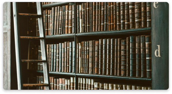 Old bookshelf filled with leather-bound books and a wooden ladder.