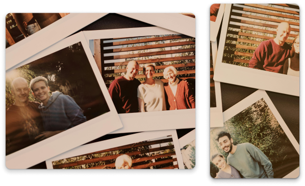 Collection of Polaroid photos showing happy moments with family and friends outdoors.